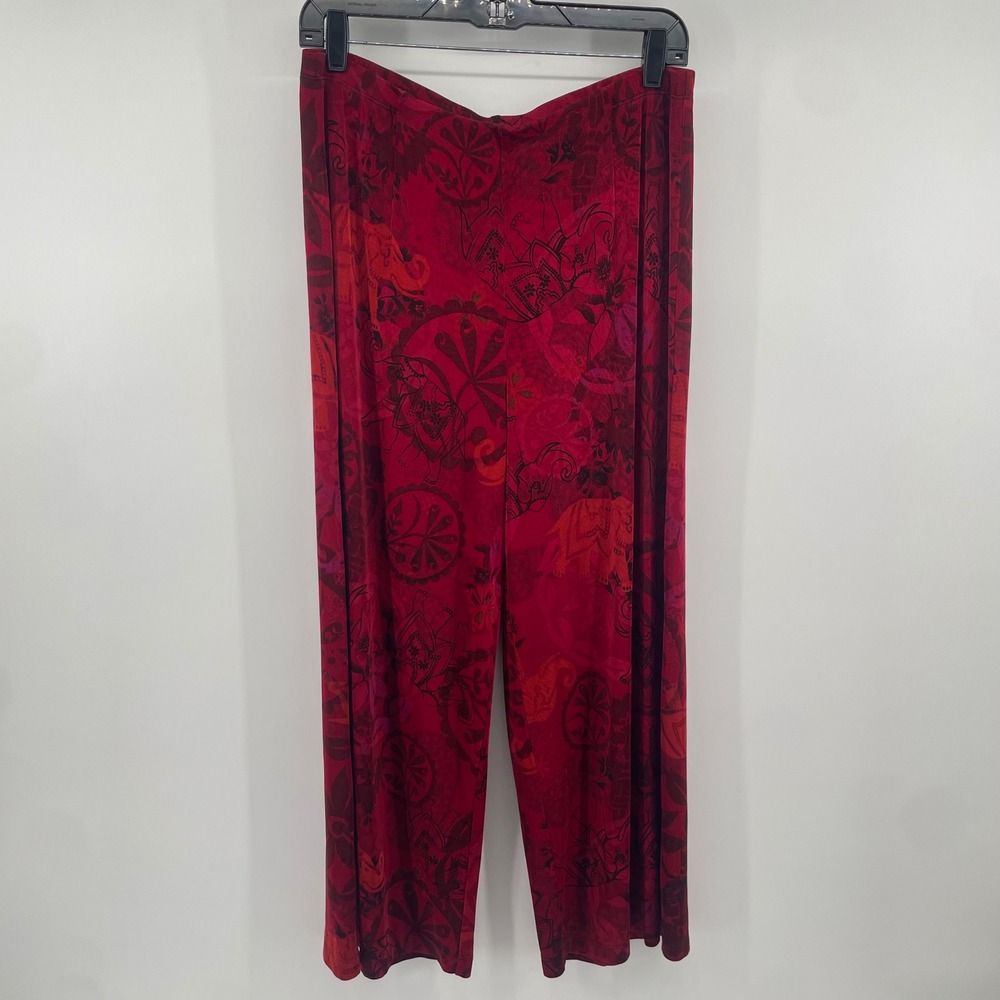 Chico's Travelers Pants Womens 3 Red Elephant Print Wide Leg Pull On Trousers